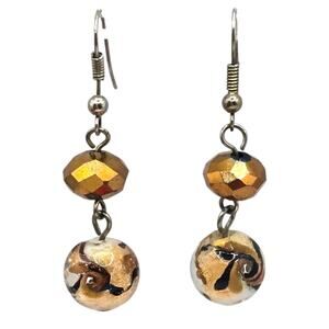Earrings Glass Lampwork Swirled Brown Black Copper Tones Dangle Pierced SKU3115